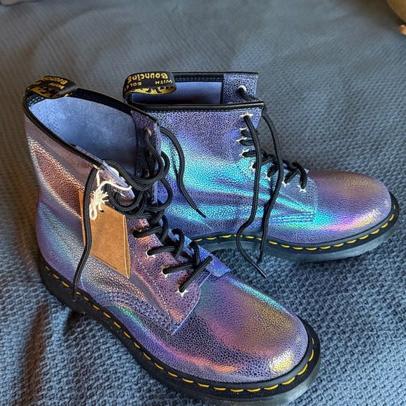 Dr. Martens Shoes - Dr. Martens Rainbow Ray Gold Iridescent Lace Up Combat Boots — NEW with tags